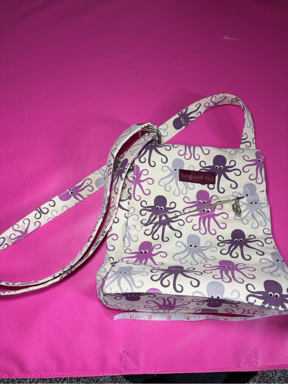 bungalow 360 White Crossbody Bag with Purple & Gray Octopus Print